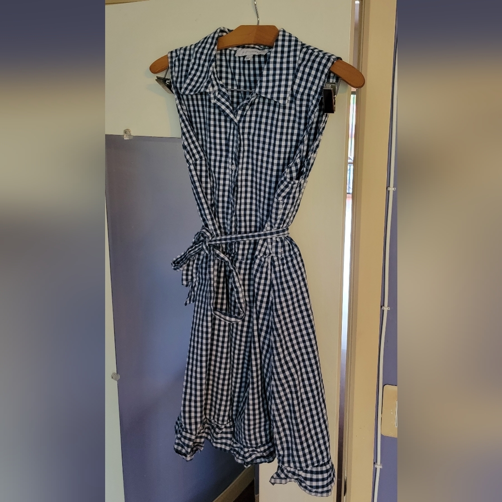 Madison Grey plaid blue and white dress with belt tie. - Picture 2 of 5